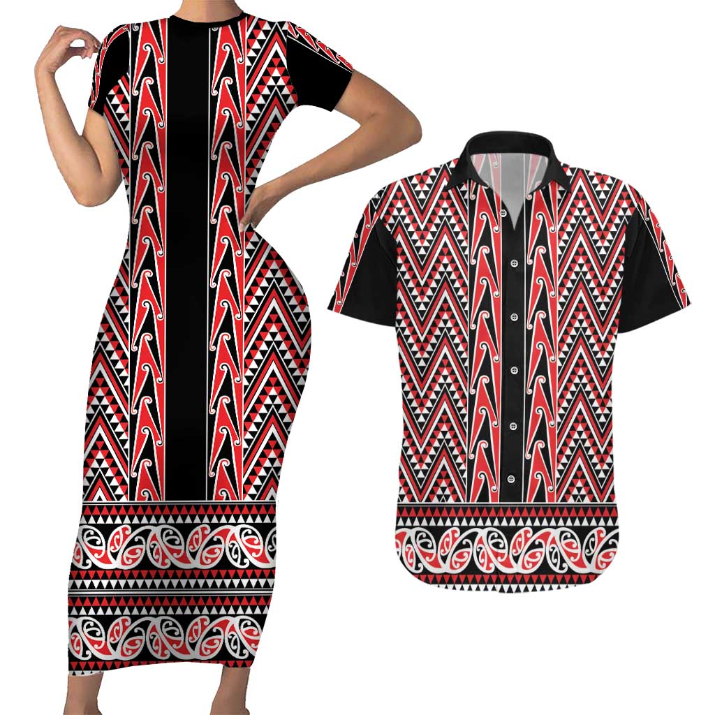 New Zealand Maori Niho Taniwha Couples Matching Short Sleeve Bodycon Dress and Hawaiian Shirt Whero Mangopare and Puhoro Pattern
