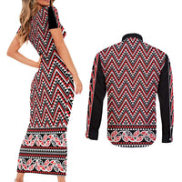 New Zealand Maori Niho Taniwha Couples Matching Short Sleeve Bodycon Dress and Long Sleeve Button Shirt Whero Mangopare and Puhoro Pattern