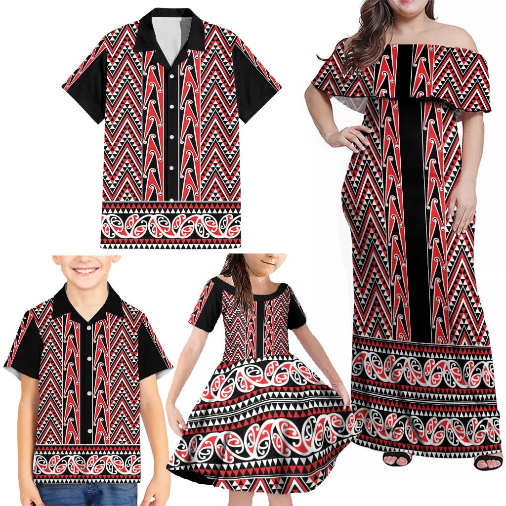 New Zealand Maori Niho Taniwha Family Matching Off Shoulder Maxi Dress and Hawaiian Shirt Whero Mangopare and Puhoro Pattern