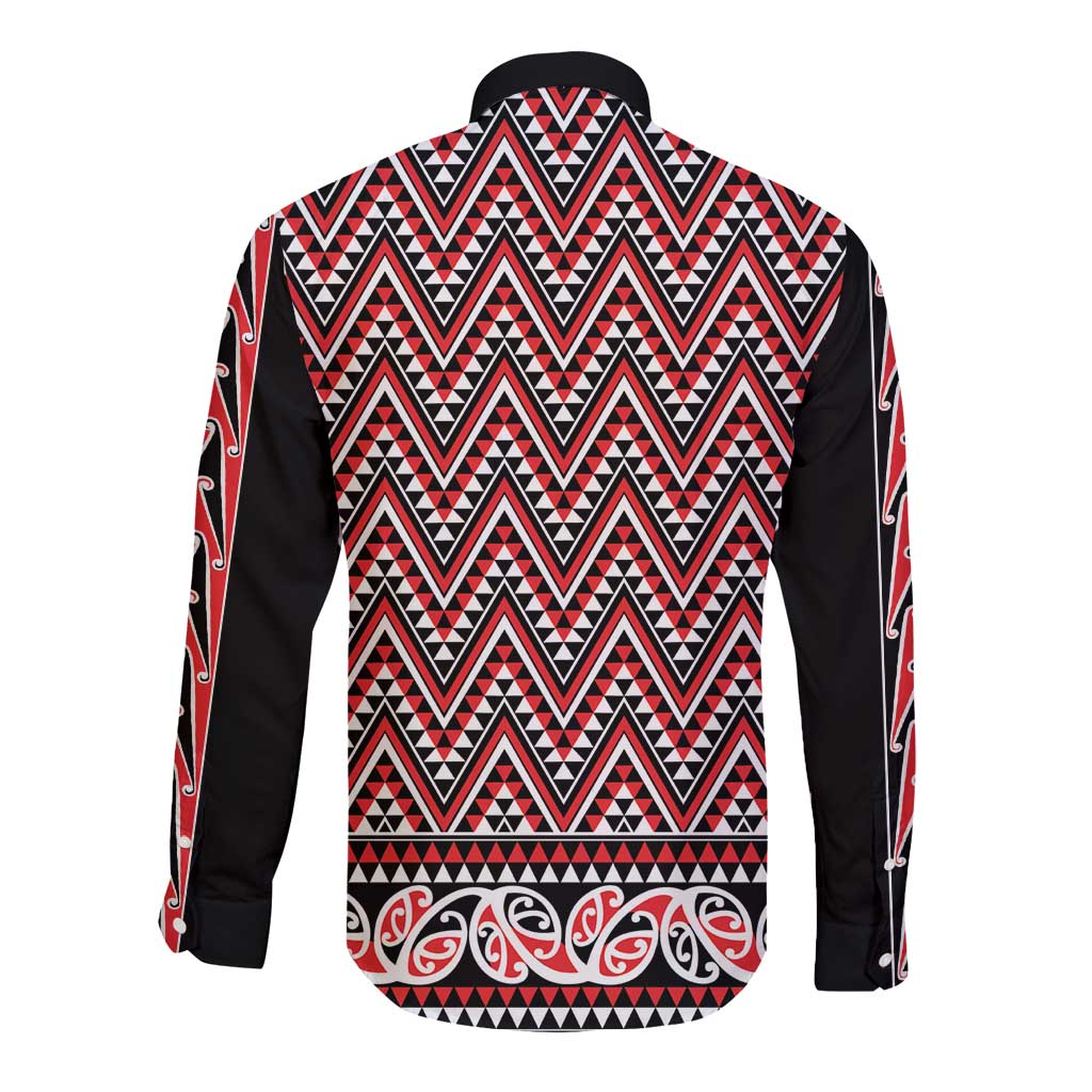 New Zealand Maori Niho Taniwha Long Sleeve Button Shirt Whero Mangopare and Puhoro Pattern
