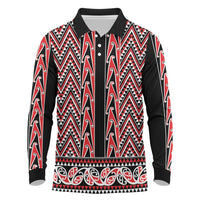 New Zealand Maori Niho Taniwha Long Sleeve Polo Shirt Whero Mangopare and Puhoro Pattern