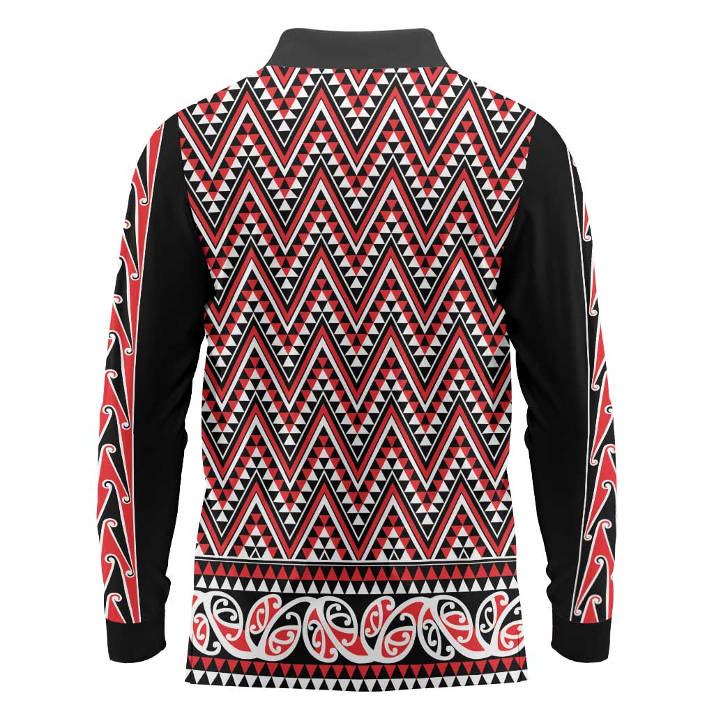 New Zealand Maori Niho Taniwha Long Sleeve Polo Shirt Whero Mangopare and Puhoro Pattern