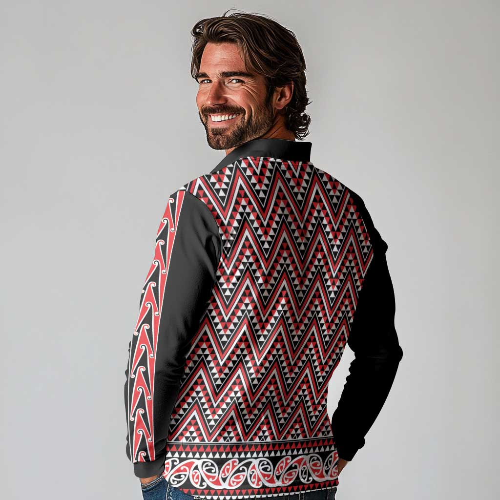 New Zealand Maori Niho Taniwha Long Sleeve Polo Shirt Whero Mangopare and Puhoro Pattern