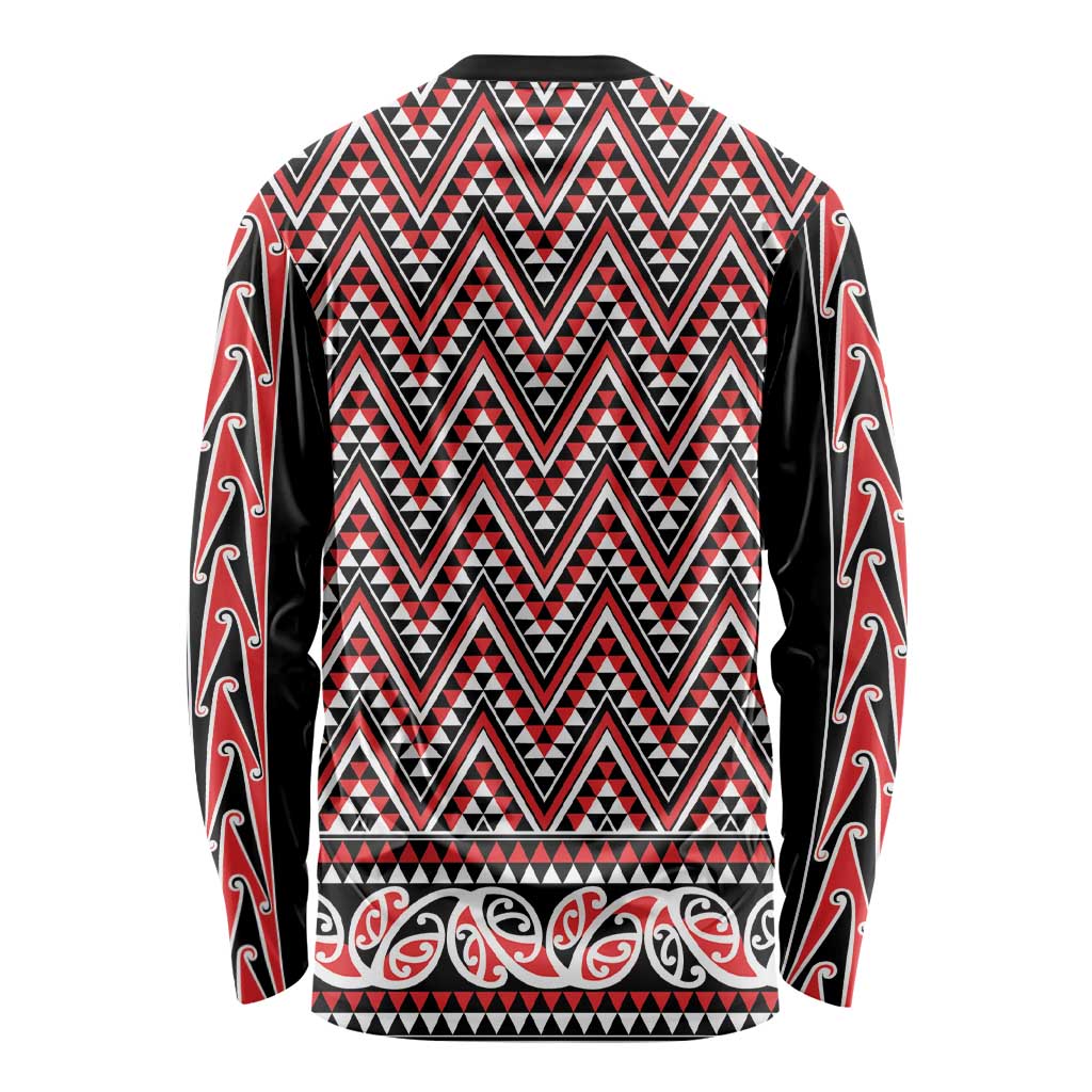 New Zealand Maori Niho Taniwha Long Sleeve Shirt Whero Mangopare and Puhoro Pattern