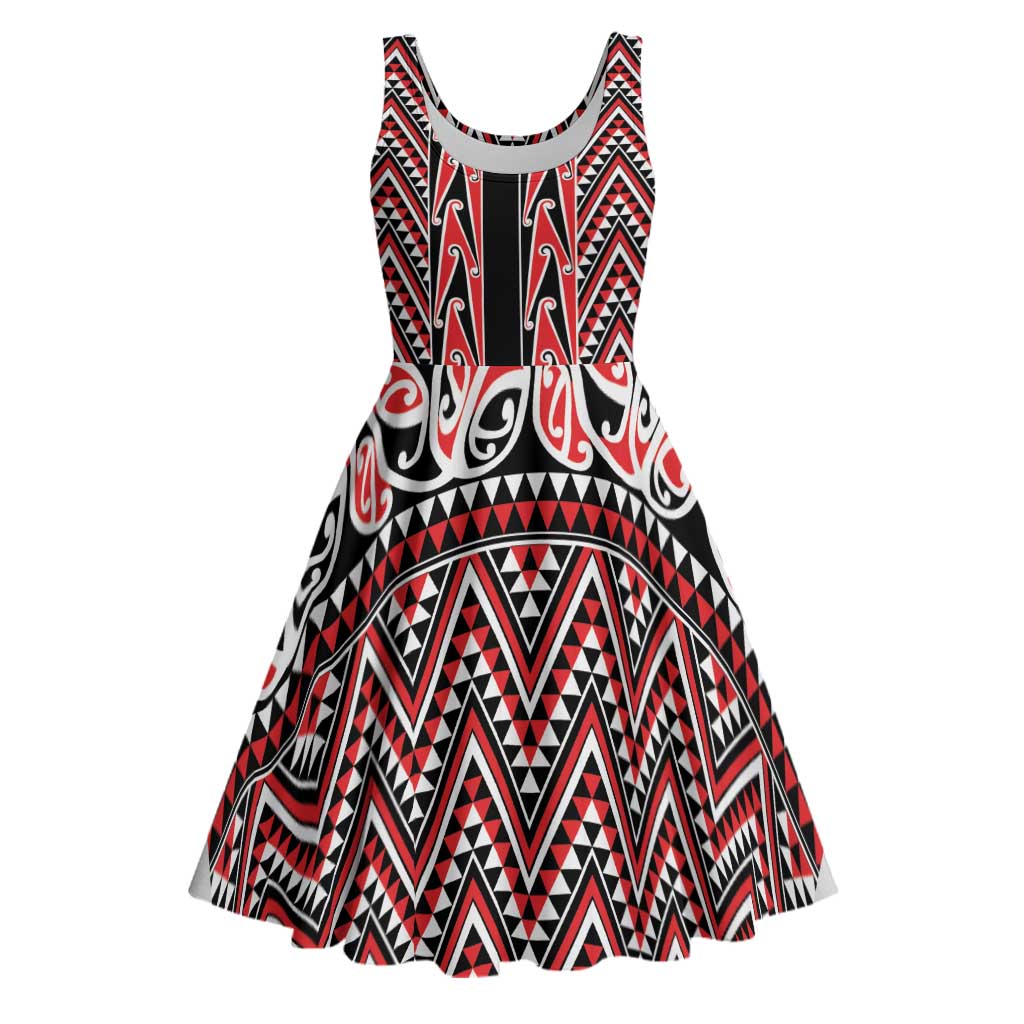 New Zealand Maori Niho Taniwha Midi Dress Whero Mangopare and Puhoro Pattern - Polynesian Pride