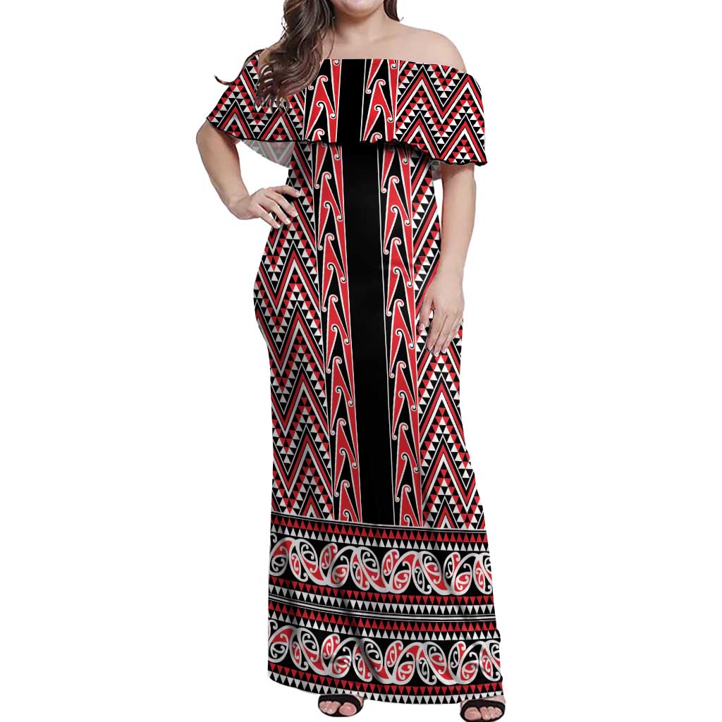 New Zealand Maori Niho Taniwha Off Shoulder Maxi Dress Whero Mangopare and Puhoro Pattern