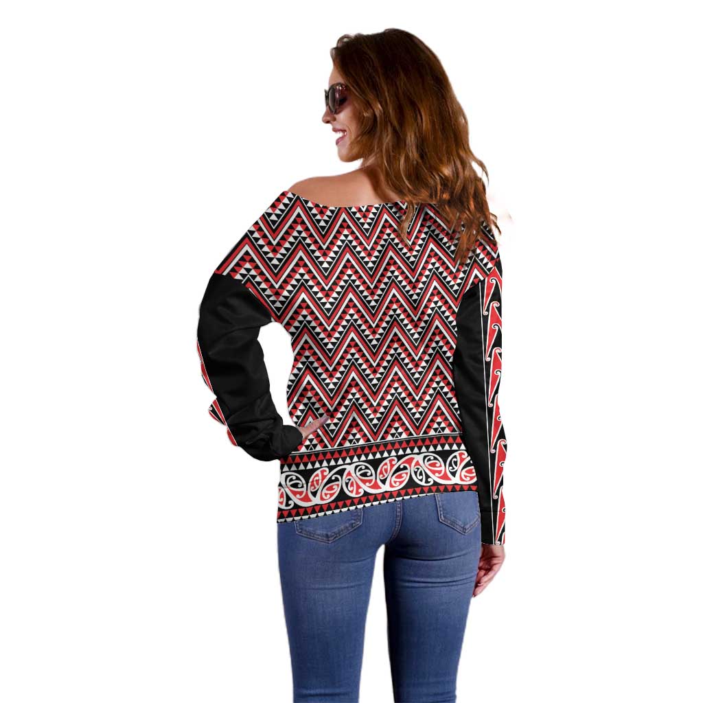 New Zealand Maori Niho Taniwha Off Shoulder Sweater Whero Mangopare and Puhoro Pattern