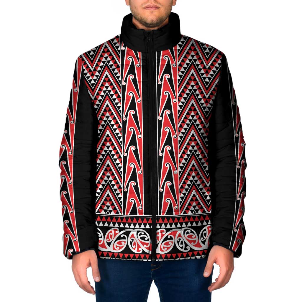 New Zealand Maori Niho Taniwha Padded Jacket Whero Mangopare and Puhoro Pattern - Polynesian Pride