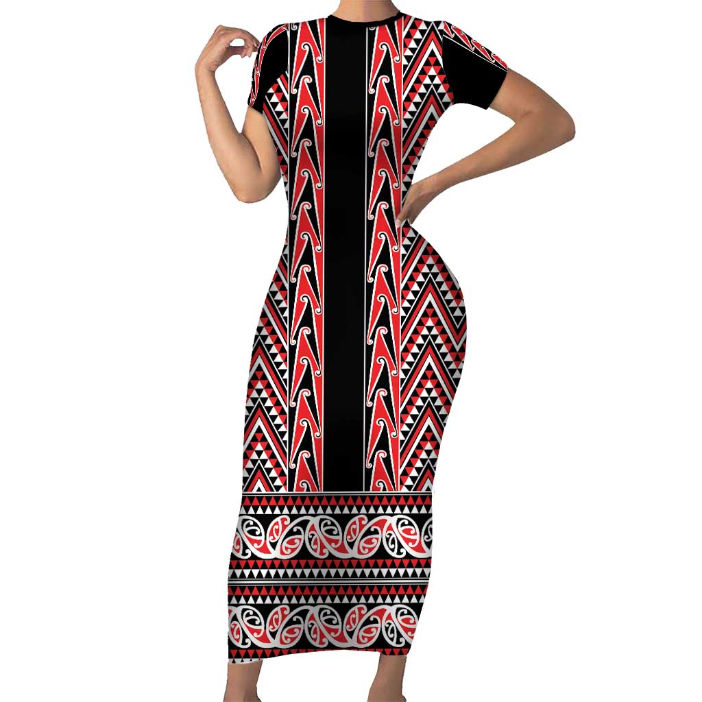 New Zealand Maori Niho Taniwha Short Sleeve Bodycon Dress Whero Mangopare and Puhoro Pattern