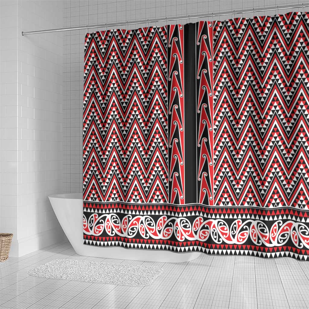 New Zealand Maori Niho Taniwha Shower Curtain Whero Mangopare and Puhoro Pattern