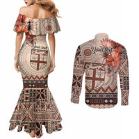 Vintage Bula Fiji Personalised Couples Matching Mermaid Dress and Long Sleeve Button Shirt Beige Hibiscus Tapa Pattern