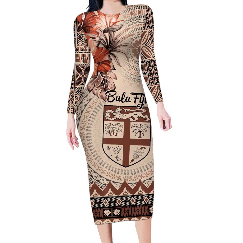 Vintage Bula Fiji Personalised Family Matching Long Sleeve Bodycon Dress and Hawaiian Shirt Beige Hibiscus Tapa Pattern