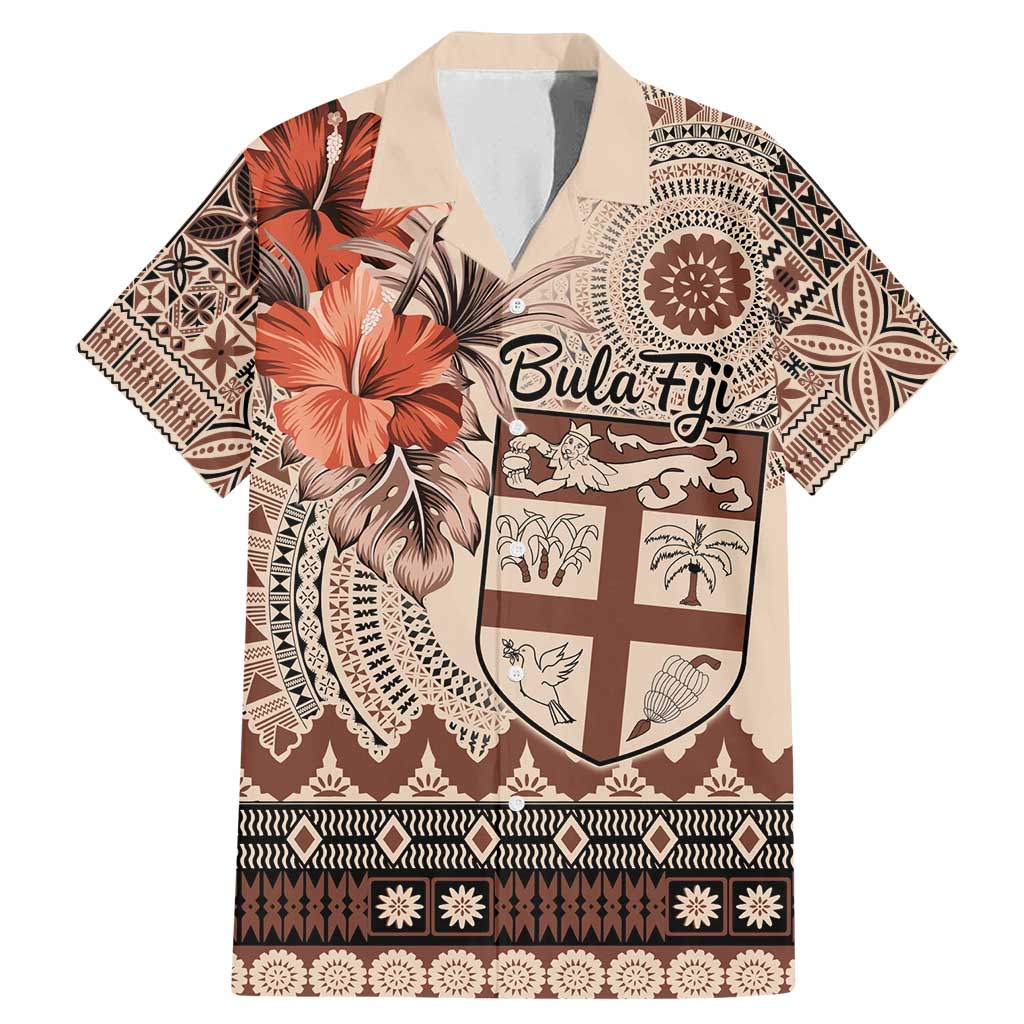 Vintage Bula Fiji Personalised Family Matching Mermaid Dress and Hawaiian Shirt Beige Hibiscus Tapa Pattern