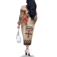 Vintage Bula Fiji Personalised Family Matching Off The Shoulder Long Sleeve Dress and Hawaiian Shirt Beige Hibiscus Tapa Pattern