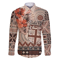 Vintage Bula Fiji Personalised Family Matching Off Shoulder Short Dress and Hawaiian Shirt Beige Hibiscus Tapa Pattern