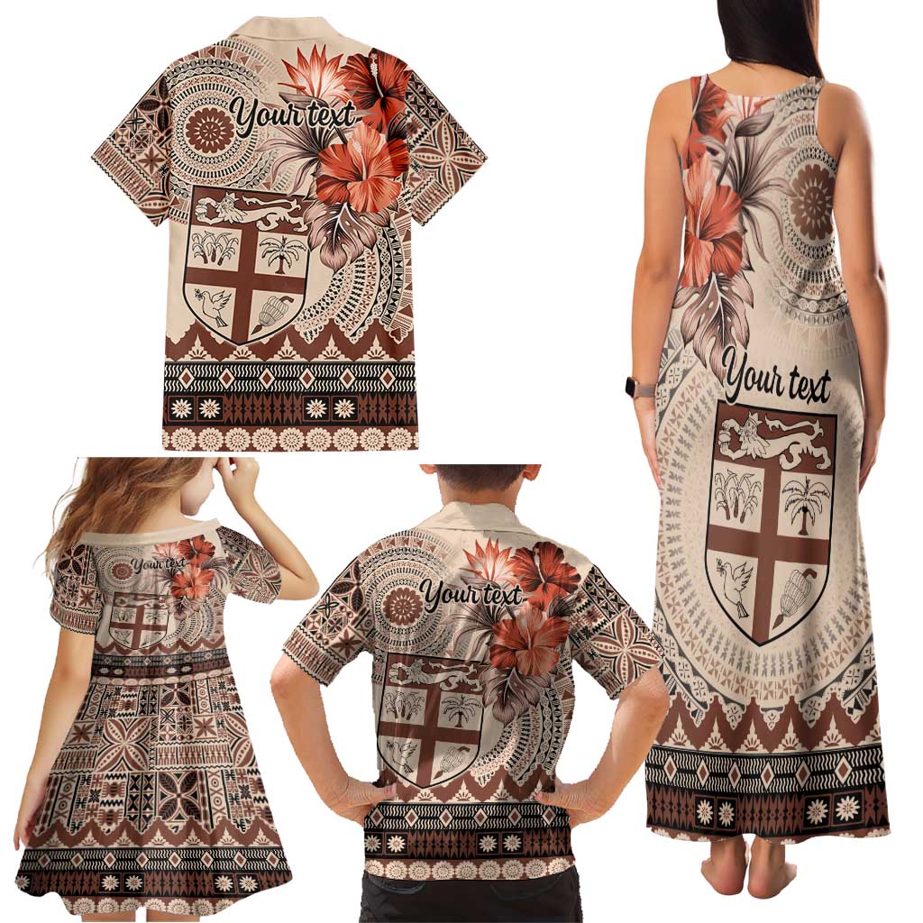 Vintage Bula Fiji Personalised Family Matching Tank Maxi Dress and Hawaiian Shirt Beige Hibiscus Tapa Pattern