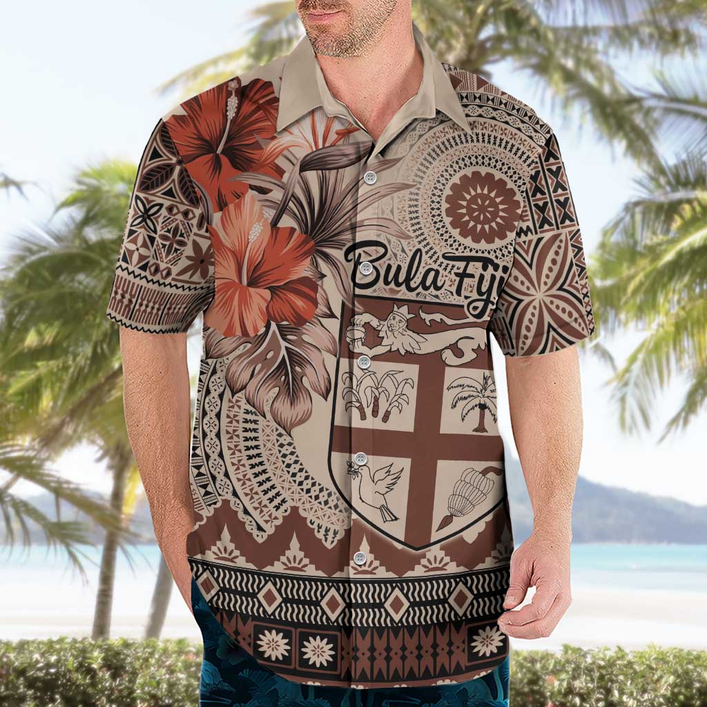Vintage Bula Fiji Personalised Hawaiian Shirt Beige Hibiscus Tapa Pattern LT9 - Polynesian Pride