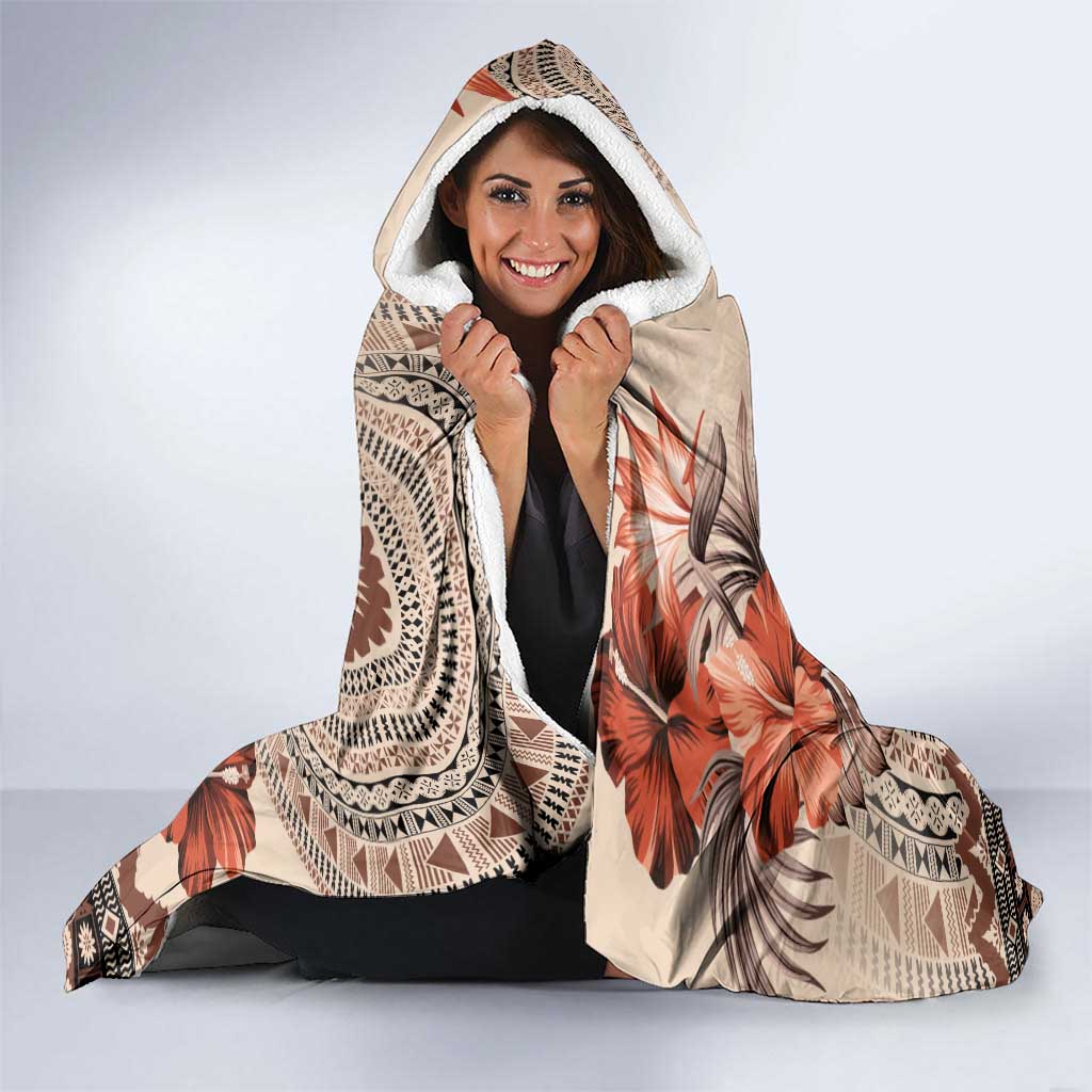 Vintage Bula Fiji Personalised Hooded Blanket Beige Hibiscus Tapa Pattern