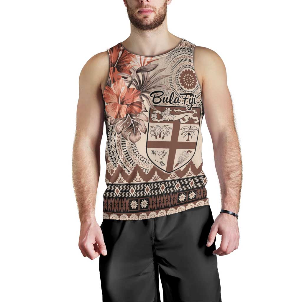 Vintage Bula Fiji Personalised Men Tank Top Beige Hibiscus Tapa Pattern