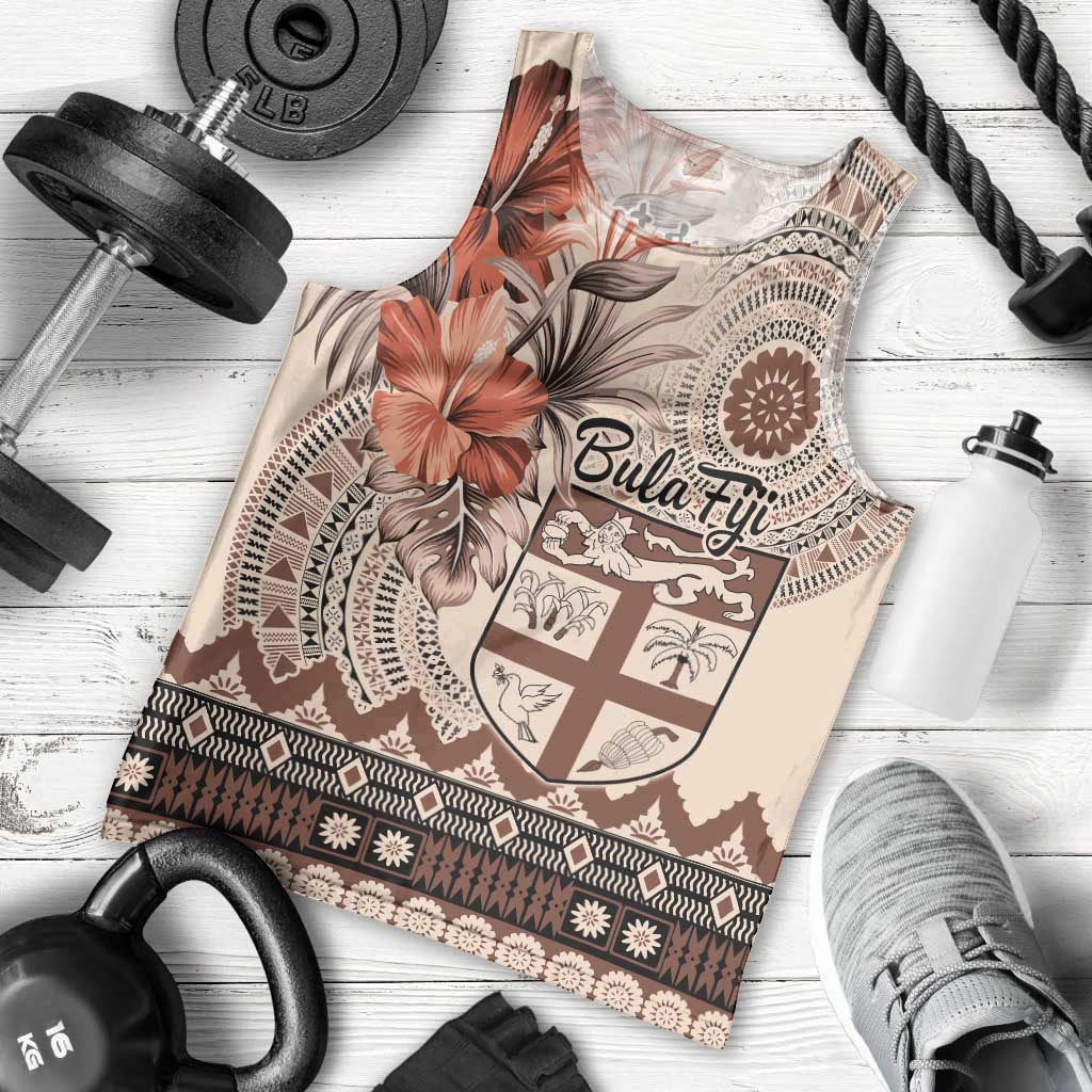 Vintage Bula Fiji Personalised Men Tank Top Beige Hibiscus Tapa Pattern
