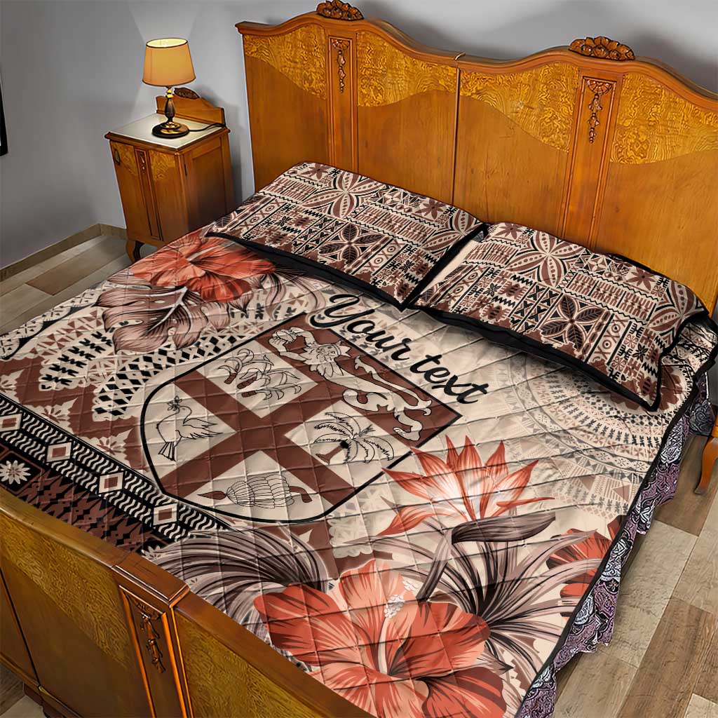 Vintage Bula Fiji Personalised Quilt Bed Set Beige Hibiscus Tapa Pattern