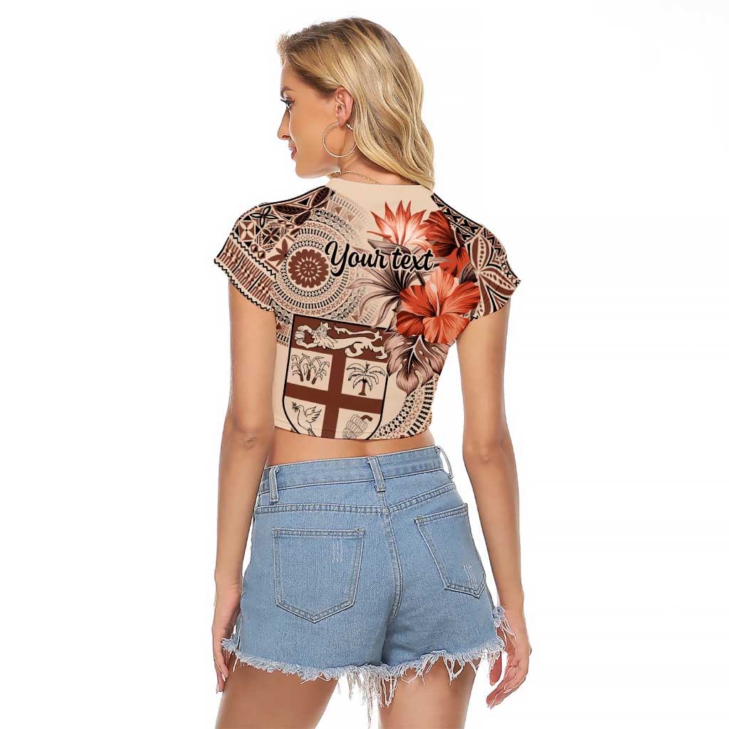 Vintage Bula Fiji Personalised Raglan Cropped T Shirt Beige Hibiscus Tapa Pattern