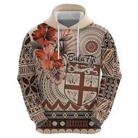 Vintage Bula Fiji Personalised Zip Hoodie Beige Hibiscus Tapa Pattern