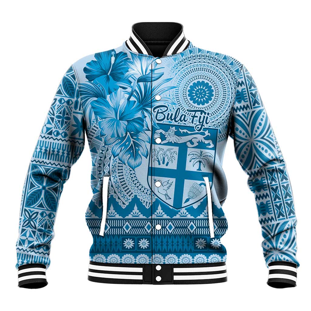 Vintage Bula Fiji Personalised Baseball Jacket Blue Hibiscus Tapa Pattern