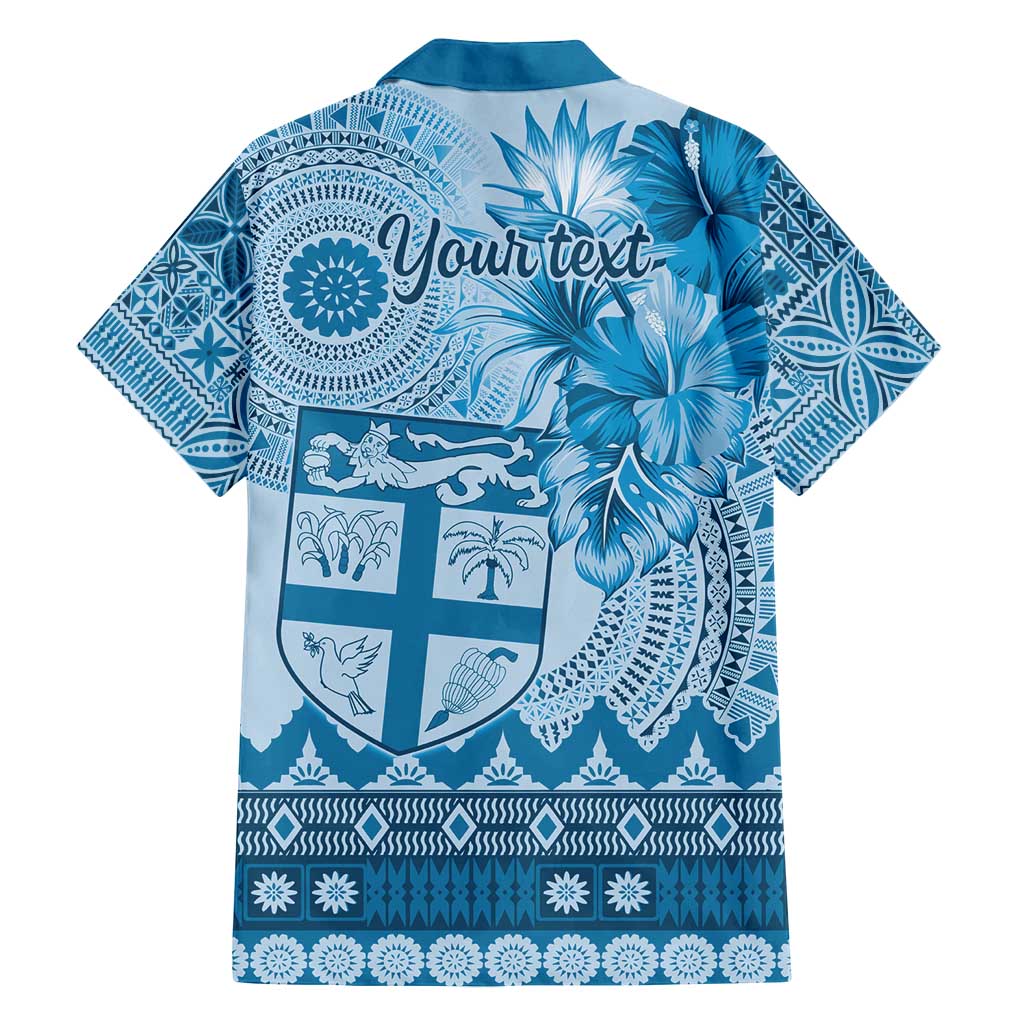 Vintage Bula Fiji Personalised Family Matching Long Sleeve Bodycon Dress and Hawaiian Shirt Blue Hibiscus Tapa Pattern