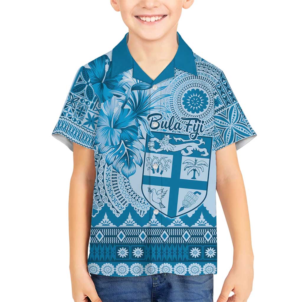 Vintage Bula Fiji Personalised Family Matching Long Sleeve Bodycon Dress and Hawaiian Shirt Blue Hibiscus Tapa Pattern