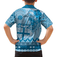 Vintage Bula Fiji Personalised Family Matching Off Shoulder Maxi Dress and Hawaiian Shirt Blue Hibiscus Tapa Pattern