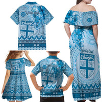 Vintage Bula Fiji Personalised Family Matching Off Shoulder Maxi Dress and Hawaiian Shirt Blue Hibiscus Tapa Pattern