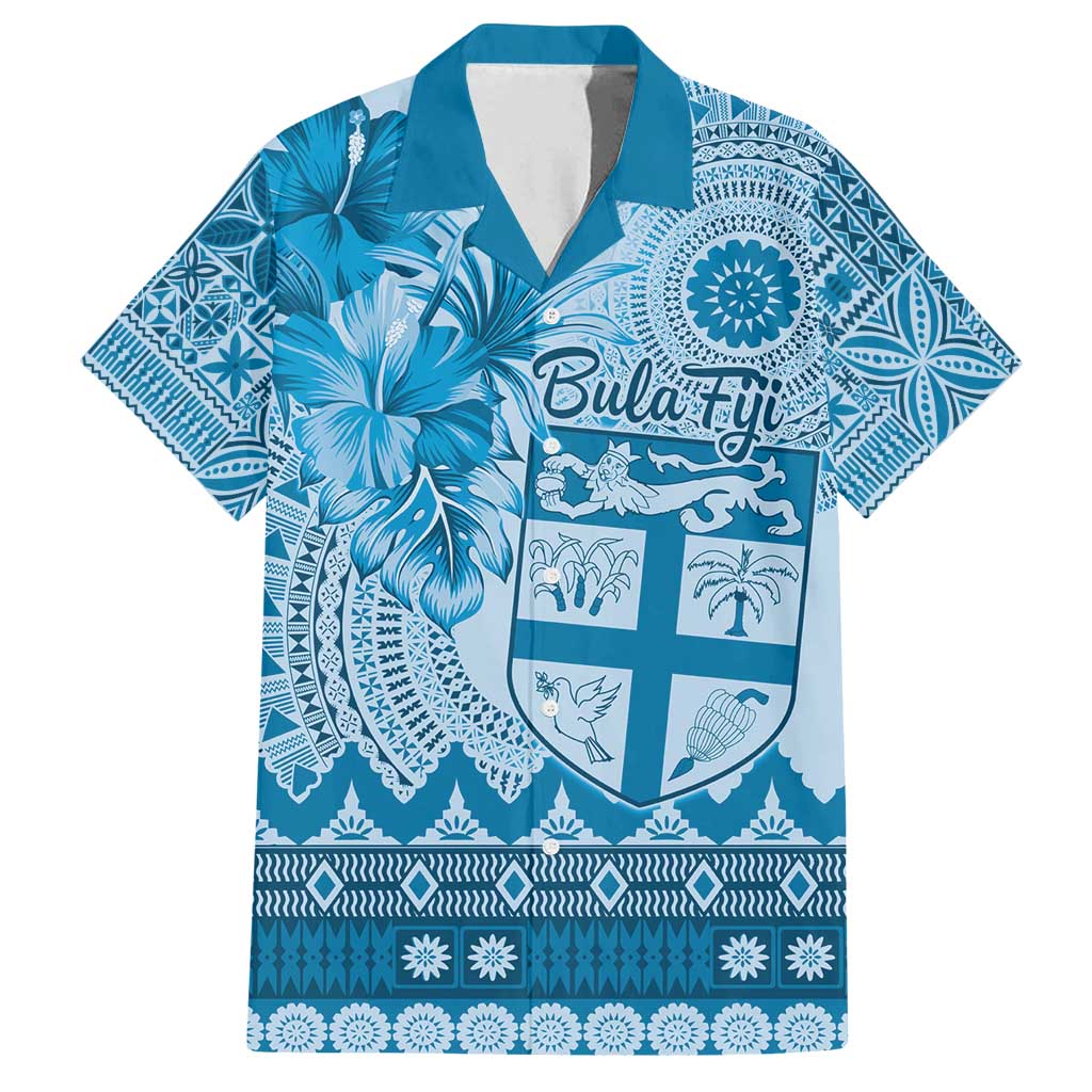 Vintage Bula Fiji Personalised Family Matching Tank Maxi Dress and Hawaiian Shirt Blue Hibiscus Tapa Pattern