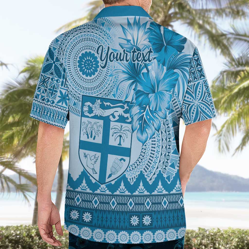 Vintage Bula Fiji Personalised Hawaiian Shirt Blue Hibiscus Tapa Pattern