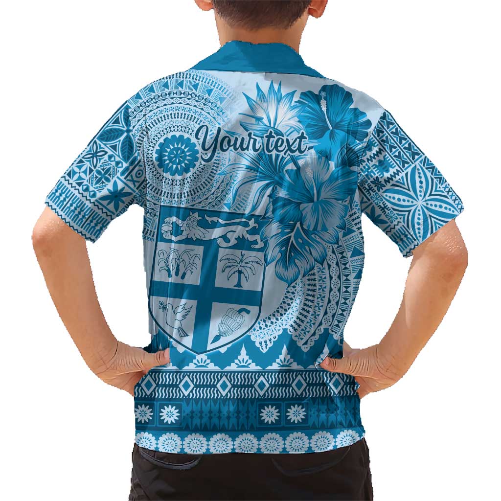 Vintage Bula Fiji Personalised Hawaiian Shirt Blue Hibiscus Tapa Pattern