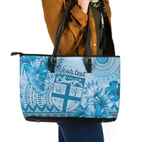 Vintage Bula Fiji Personalised Leather Tote Bag Blue Hibiscus Tapa Pattern LT9