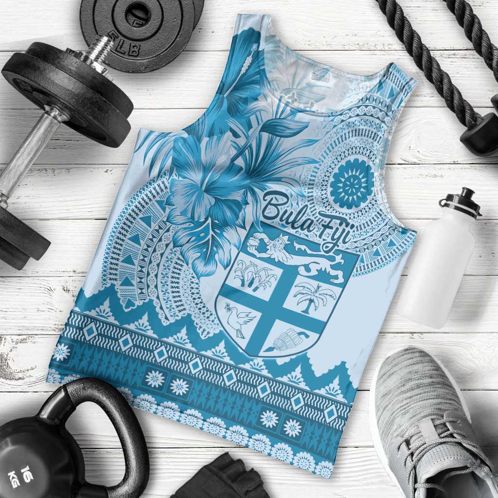 Vintage Bula Fiji Personalised Men Tank Top Blue Hibiscus Tapa Pattern