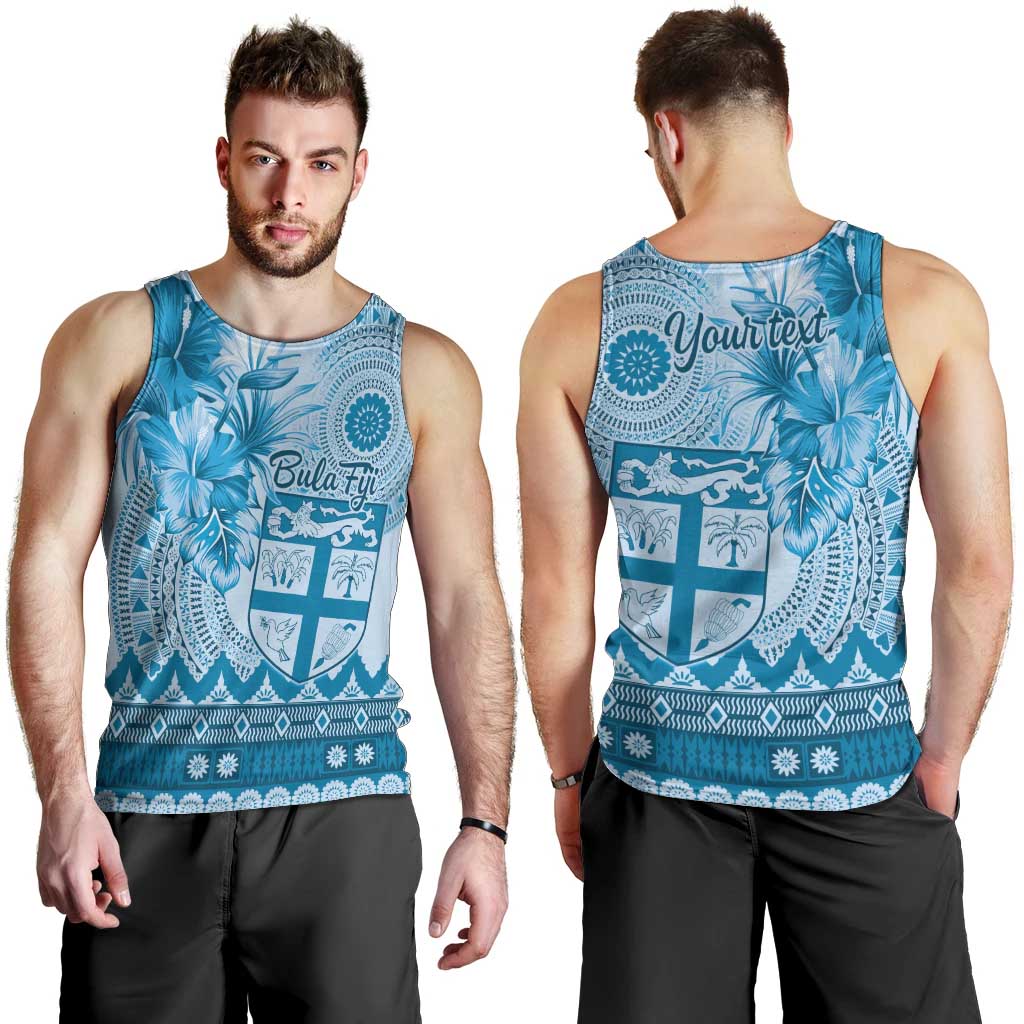 Vintage Bula Fiji Personalised Men Tank Top Blue Hibiscus Tapa Pattern