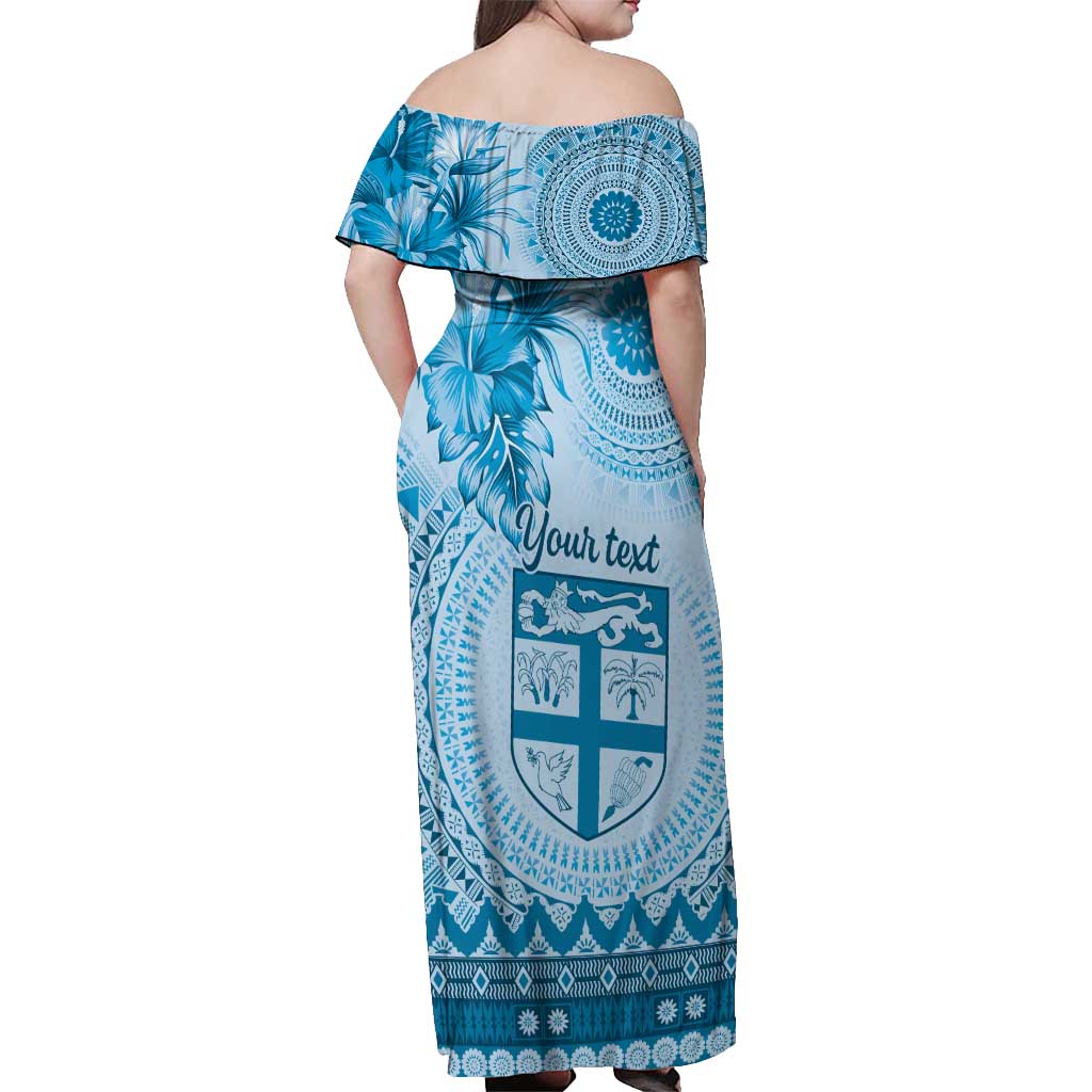 Vintage Bula Fiji Personalised Off Shoulder Maxi Dress Blue Hibiscus Tapa Pattern