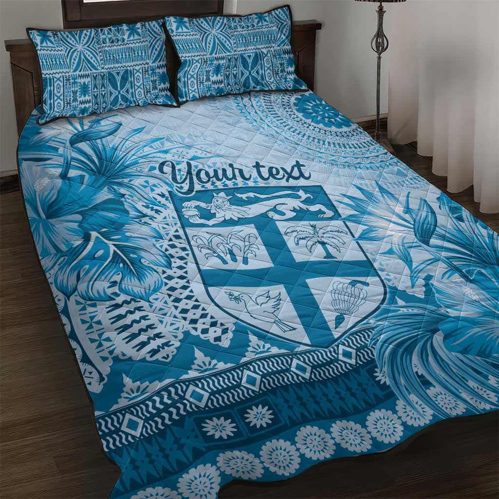 Vintage Bula Fiji Personalised Quilt Bed Set Blue Hibiscus Tapa Pattern LT9