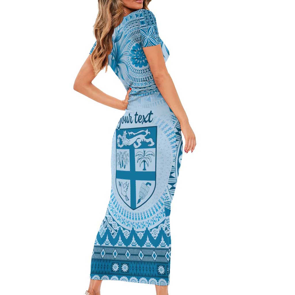 Vintage Bula Fiji Personalised Short Sleeve Bodycon Dress Blue Hibiscus Tapa Pattern