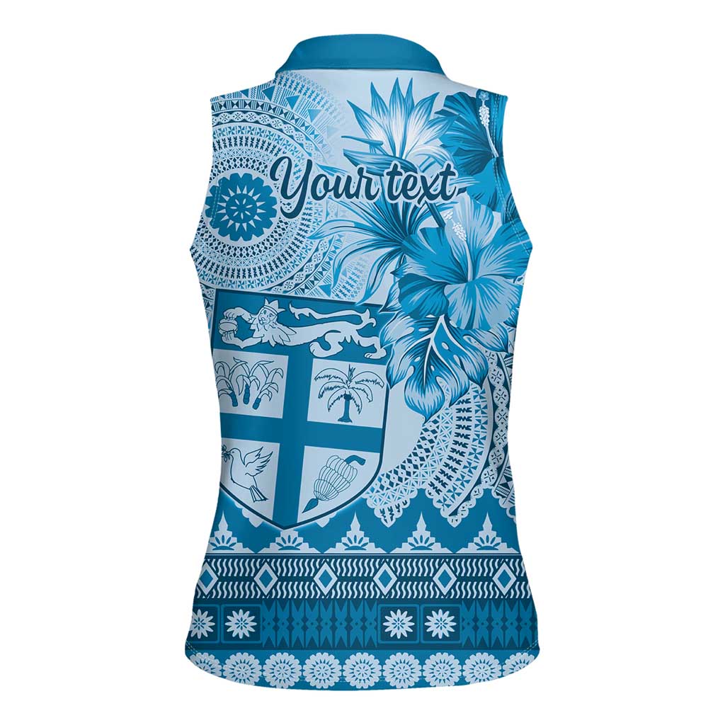 Vintage Bula Fiji Personalised Women Sleeveless Polo Shirt Blue Hibiscus Tapa Pattern