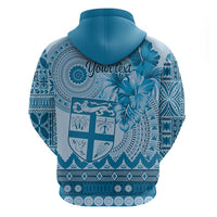 Vintage Bula Fiji Personalised Zip Hoodie Blue Hibiscus Tapa Pattern