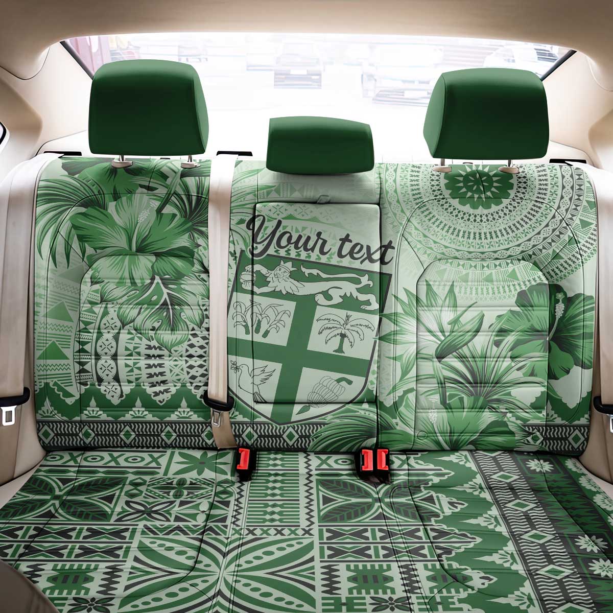 Vintage Bula Fiji Personalised Back Car Seat Cover Green Hibiscus Tapa Pattern LT9
