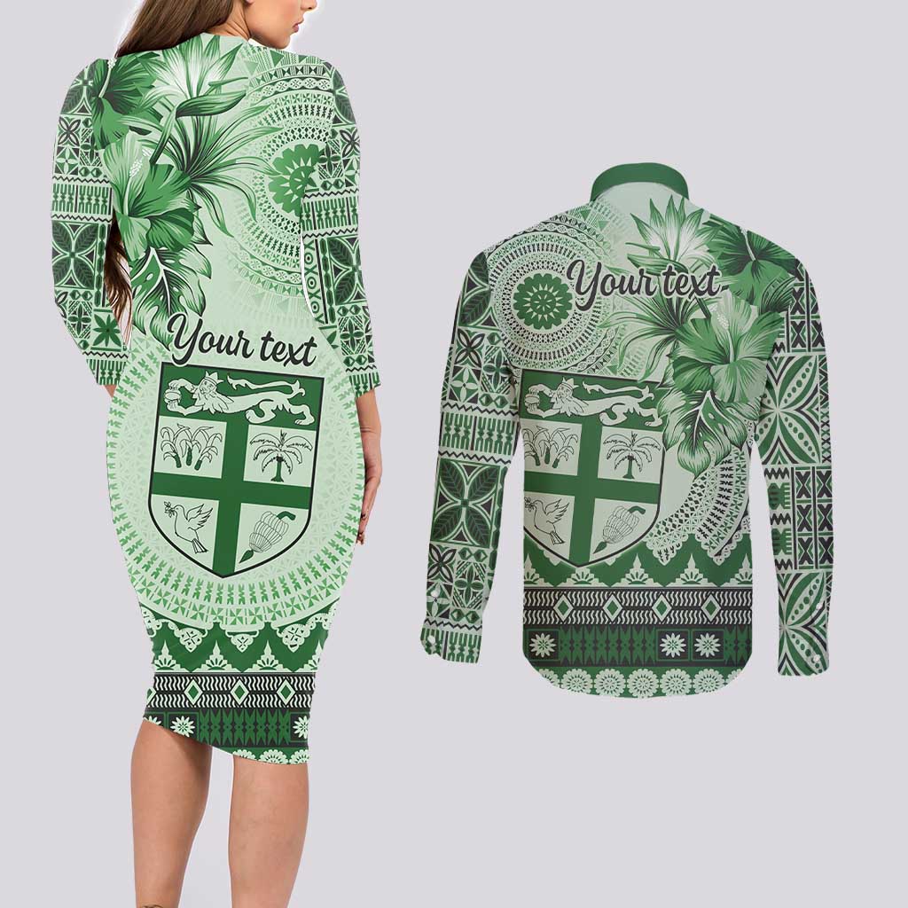 Vintage Bula Fiji Personalised Couples Matching Long Sleeve Bodycon Dress and Long Sleeve Button Shirt Green Hibiscus Tapa Pattern
