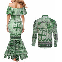 Vintage Bula Fiji Personalised Couples Matching Mermaid Dress and Long Sleeve Button Shirt Green Hibiscus Tapa Pattern