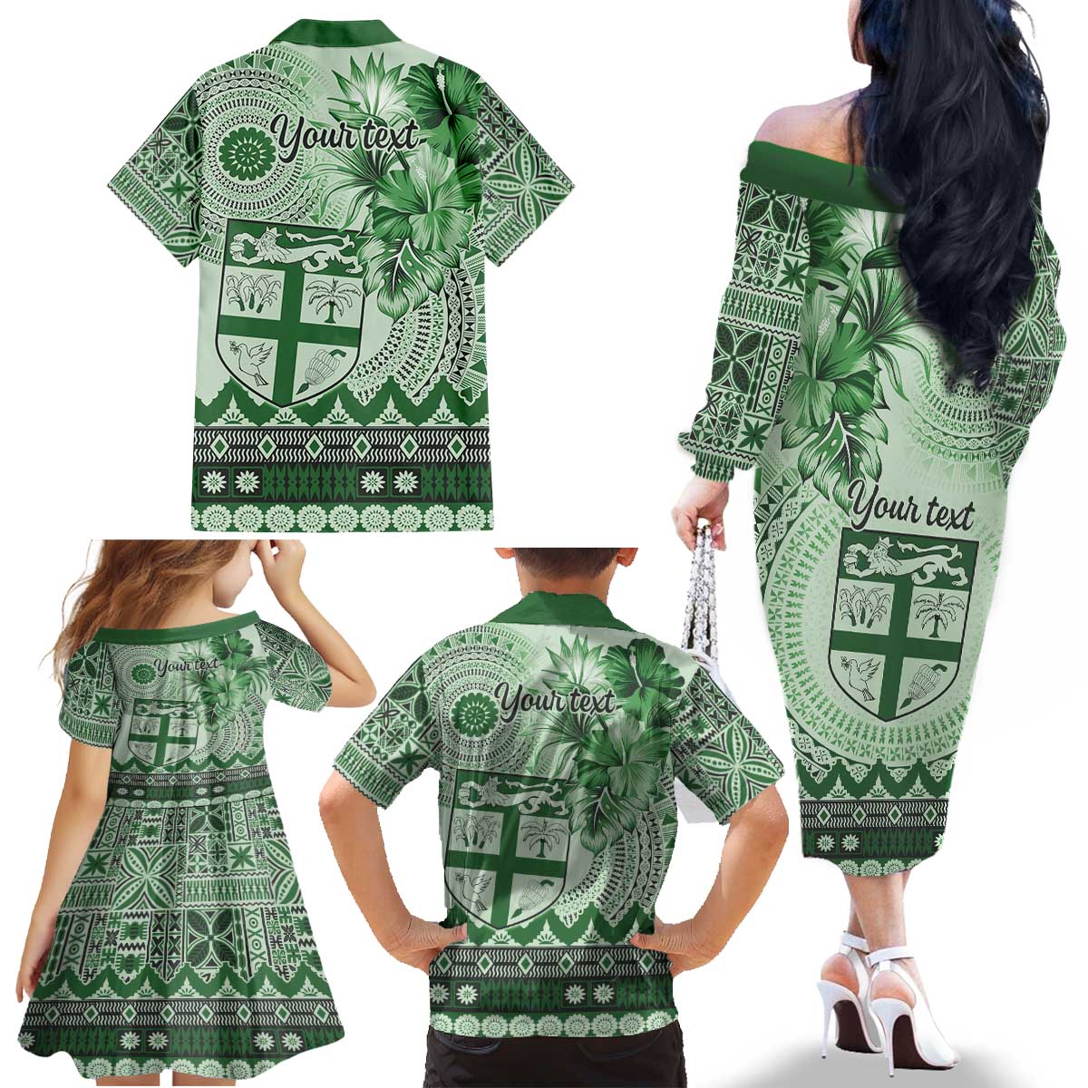 Vintage Bula Fiji Personalised Family Matching Off The Shoulder Long Sleeve Dress and Hawaiian Shirt Green Hibiscus Tapa Pattern