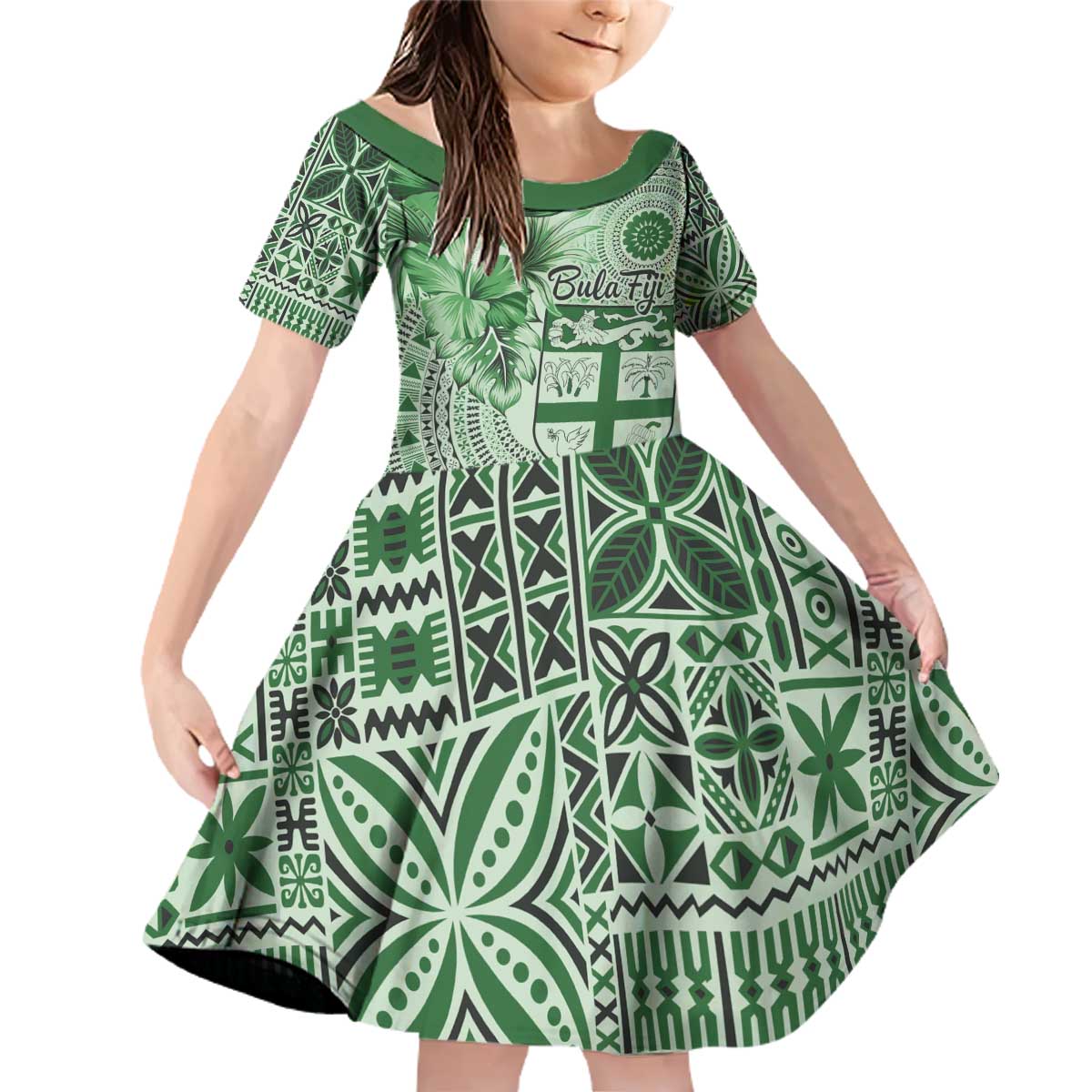 Vintage Bula Fiji Personalised Family Matching Off Shoulder Short Dress and Hawaiian Shirt Green Hibiscus Tapa Pattern