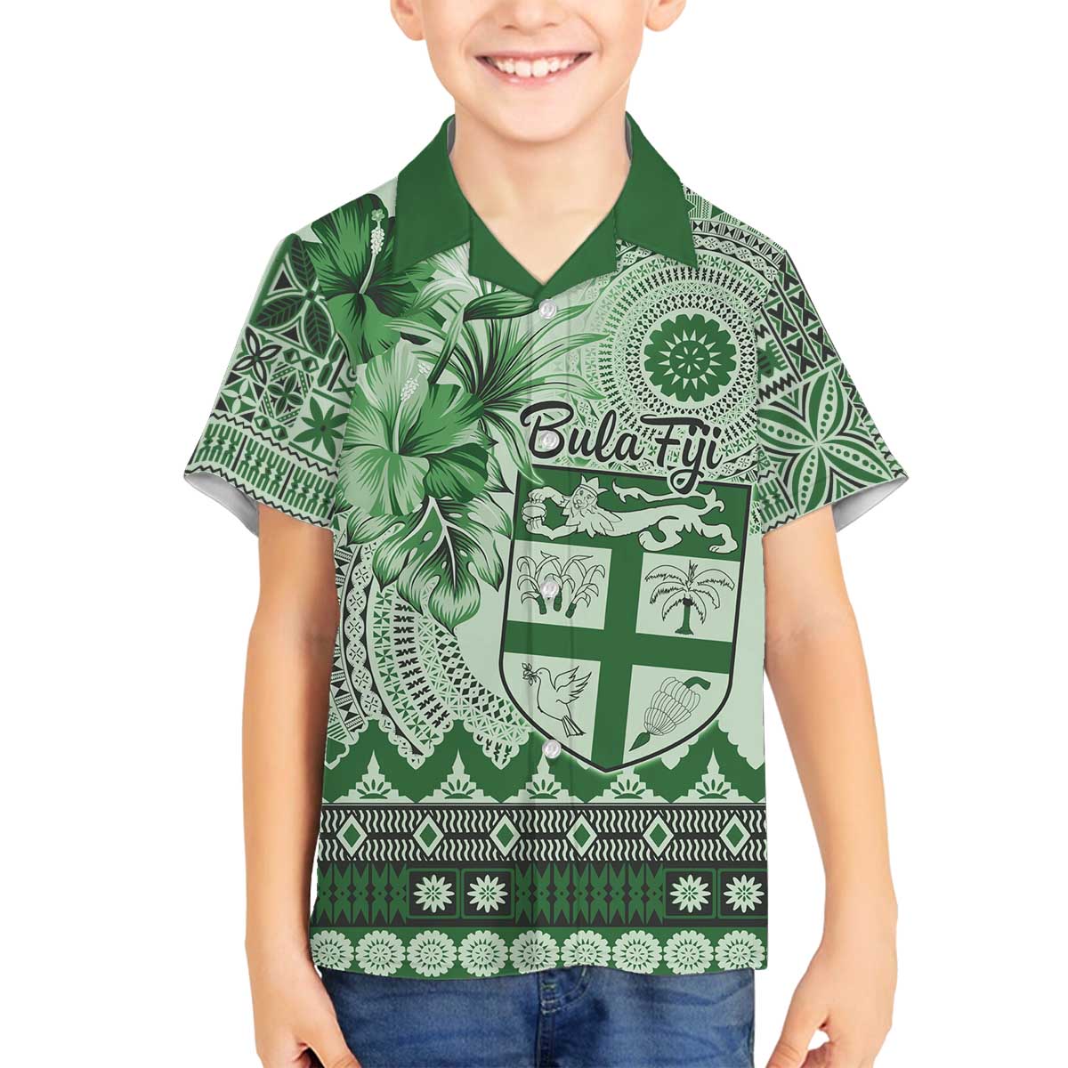 Vintage Bula Fiji Personalised Family Matching Puletasi and Hawaiian Shirt Green Hibiscus Tapa Pattern