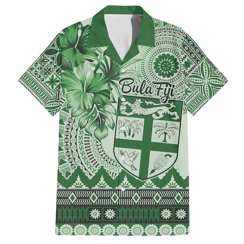 Vintage Bula Fiji Personalised Hawaiian Shirt Green Hibiscus Tapa Pattern LT9 Green - Polynesian Pride